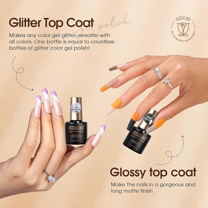 ROSALIND 8 PCS Nail Prep Dehydrator and Primer with Base Coat Top Coat, Glossy Glitter Matte Top Coat for Acrylic Gel Nail Polish Nail Art Supplies Gift-BrightBean Baby