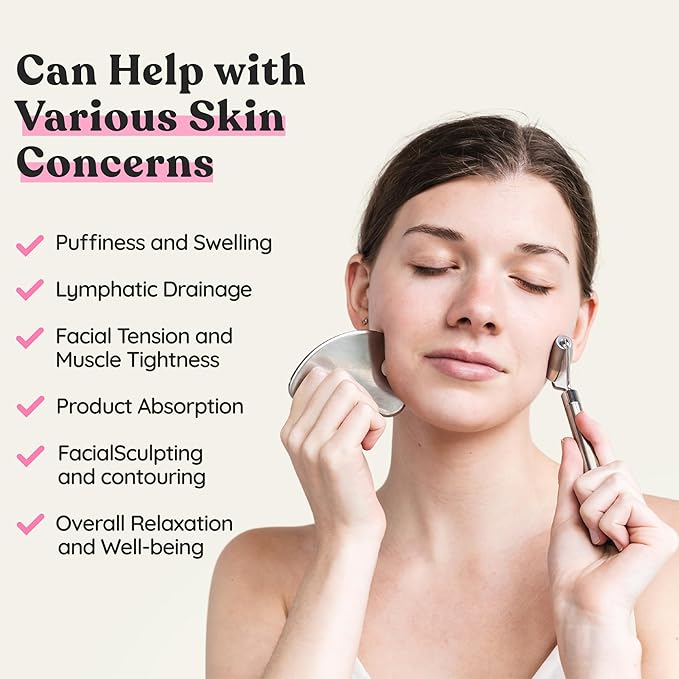 Stainless Steel Face Roller - Premium Gua Sha Facial Tools Stainless Steel GuaSha Tool and Face Roller Set - Gua Sha Stainless Steel Gua Sha Tool - Metal Face Roller and Gua Shua Set - Spa Gifts-BrightBean Baby