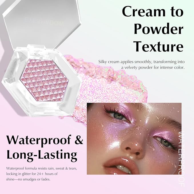Pink Glitter Eyeshadow Palette, Multichrome Chameleon Cream to Powder Eye Shadow, Color Shifting Holographic Eyeshadow Shimmer Inner Corner Eye Brightener Highlighter Makeup-BrightBean Baby