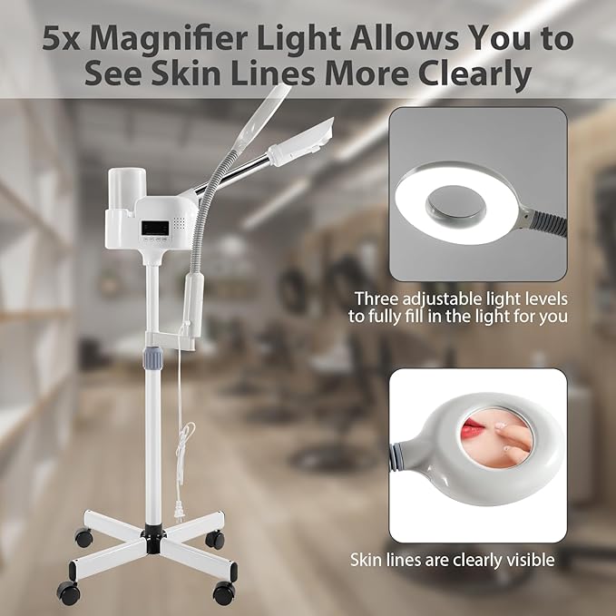 Professional Facial Steamer 2 in1 Steamer for Face 5X LED Magnifying Lamp Facial Steamer for Esthetician Beauty Face Equipment Use at Home or Salon（White）-BrightBean Baby