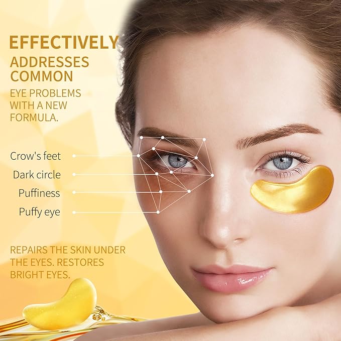 24K Gold Eye Mask - 60 Pieces, Collagen Hyaluronic Acid Eye Mask, Anti-aging, Remove Dark Circles, Puffiness and Wrinkles, Refreshes Skin, Suitable for Both Men and Women-BrightBean Baby