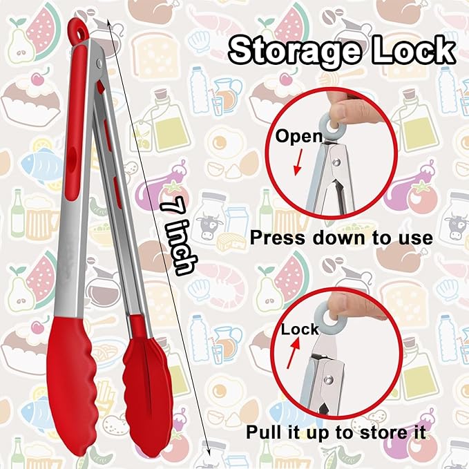 7 Pack Kitchen Tongs,Cooking Tongs with Stainless Steel Silicon Handles and Nylon Tips,7 Inch Stainless Steel Tongs,Heat Resistant Non-Stick BBQ Tongs with Locking, for Cooking Grilling Salad