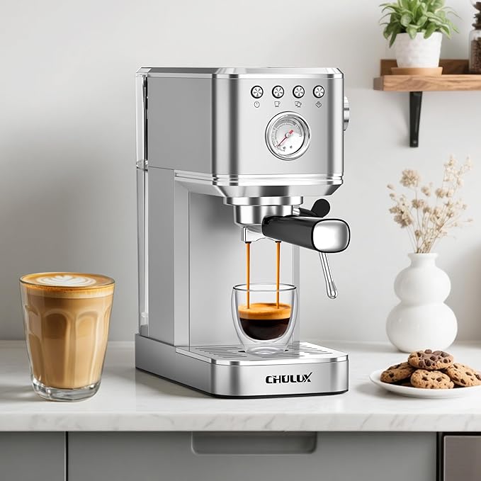 CHULUX Slim Espresso Machine with Milk Frother Steam Wand, 20 Bar Professional Italian Pump Espresso Coffee Machine for Home Cappuccino & Latte Maker, Silver