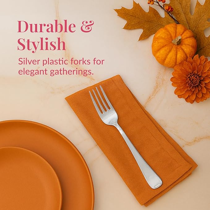 Prestee 100 Pack Silver Plastic Forks Heavy-Duty - Elegant Disposable Silverware Forks - Fancy Plastic Silver Cutlery Set - Heavyweight Utensils for Party, Holiday, and Events