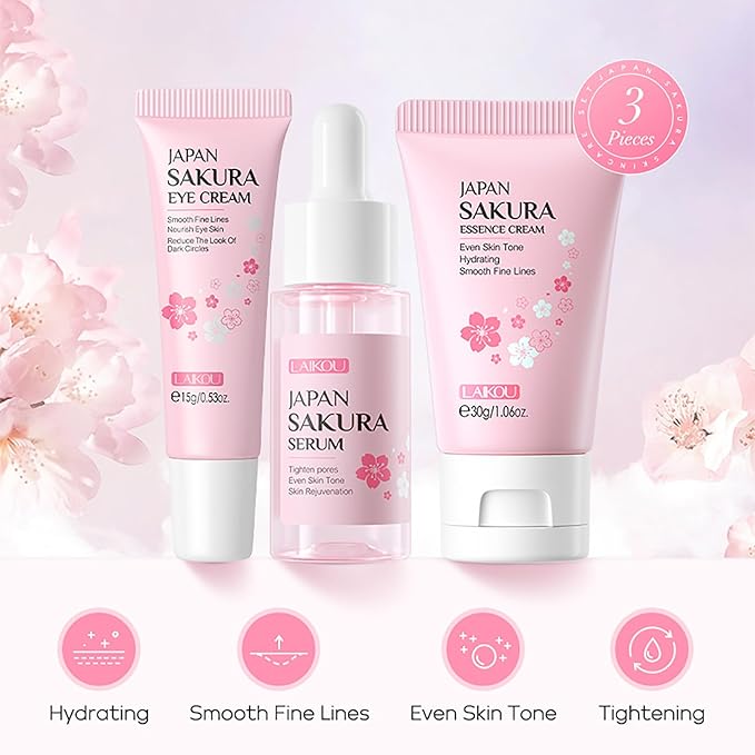 Skin Care Set JAPAN SAKURA Women Beauty Gift Sets Skin Care Kit with Serum, Eye Cream, Face Cream Travel Kit for Women Wife Mom Teen Girls TSA-friendly Sizes Birthday Gift 3pcs-BrightBean Baby