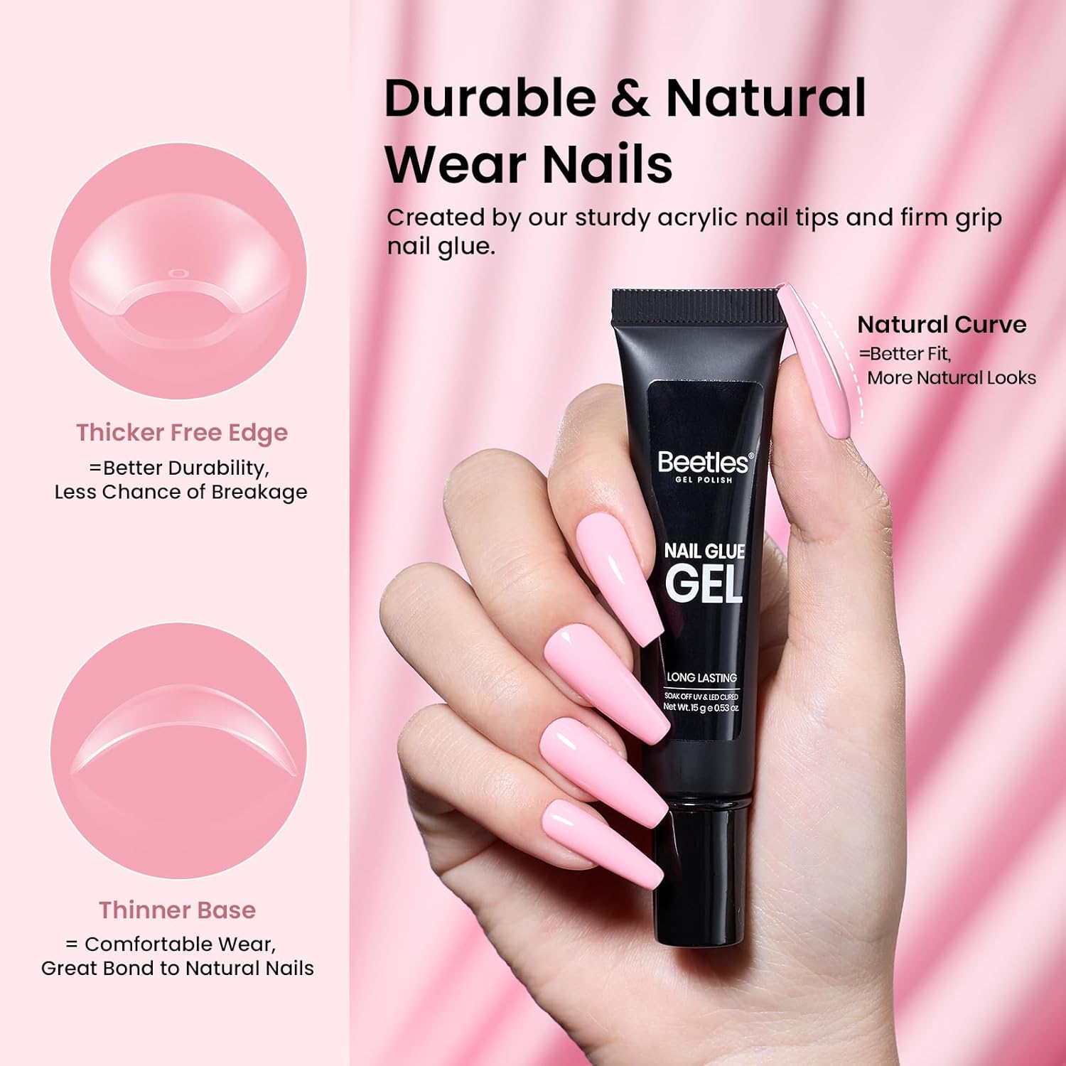 Beetles Gel Nail Kit Long Coffin with Nail Dehydrator and Primer, 576Pcs Half Matte Etch-X Gel Nail Tips Solid Nail Glue Mini Nail Lamp Acrylic Nail Tips Easy DIY Nail Extension Set Gift for Women-BrightBean Baby