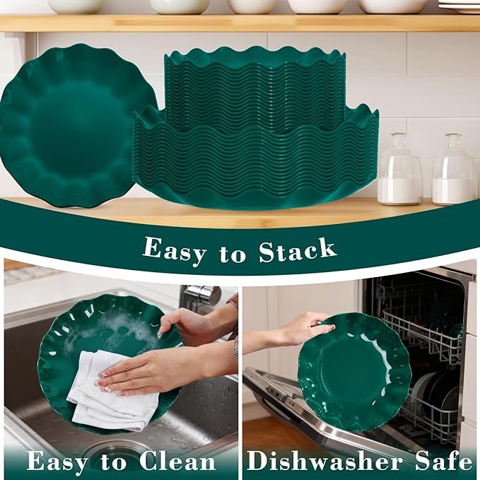 LIYH 50 Pcs Dark Green Plastic Plates Reusable Christmas Plastic Plates Green Christmas Plate Unbreakable Holiday Dinnerware Set Fancy Scalloped Plate Dishwasher Safe BPA Free (25Guests)
