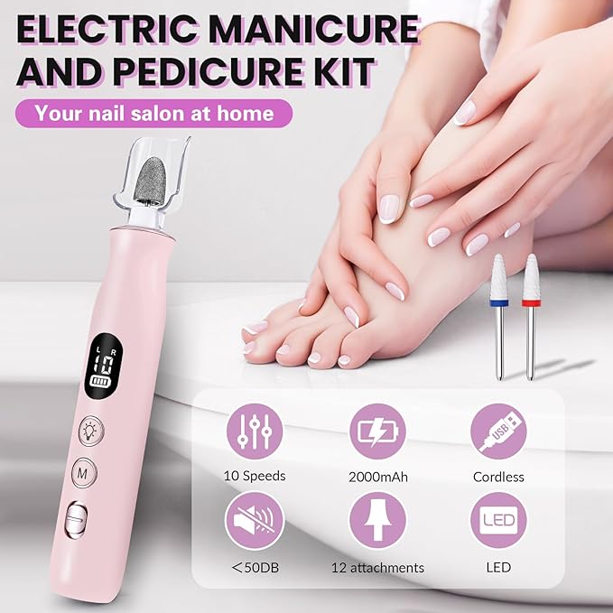 Electric Nail Drill, Cordless 2000 mAh Rechargeable Portable Nail File 12 in 1 Kit for Thick Toenails, 10 Speeds Nail Dril Machine Professional Manicure Pedicure for Hand Natural Nails Care (Pink)-BrightBean Baby