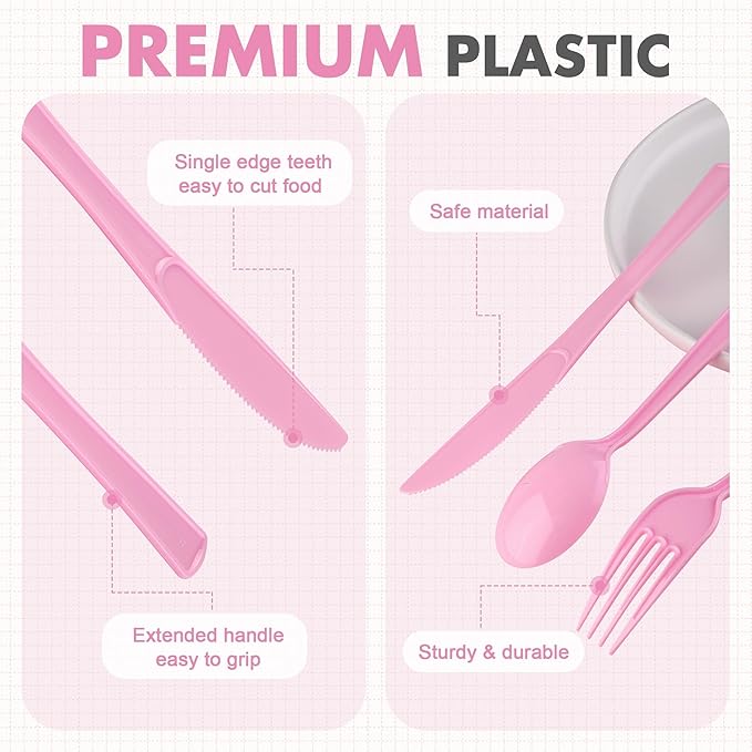 300 Pieces Light Pink Plastic Silverware Heavy Duty Plastic Cutlery Set Heavyweight Disposable Flatware Includes Spoons Forks Knifes for Birthday Party Prom Night Wedding Dinner