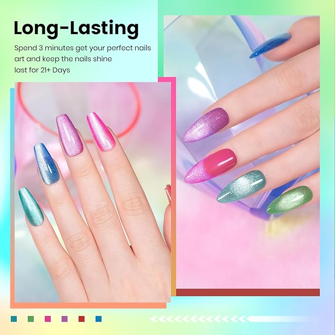 RARJSM Neon Diamond Cat Eye Gel Nail Polish Set 6 Colors Velvet Silver Glitter Bright Green Lake Blue Red Rose Purple Gel Polish with Magnet Stick UV LED Curing Requires Soak Off Home Salon Diy-BrightBean Baby