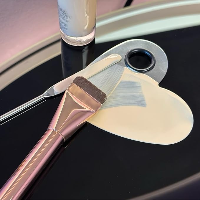 Makeup Brush Set - Flat Foundation Brush, Blender Sponge, Face Spatula, Puff & Heart-Shaped Mixing Palette with Leather Case – Complete Face Makeup Tool Kit for Blending, Foundation & Application-BrightBean Baby