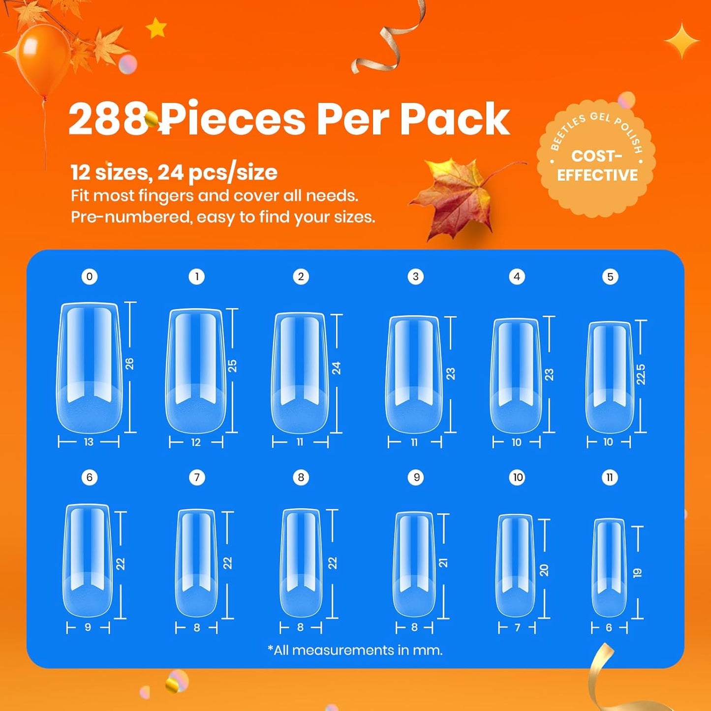 Beetles Gel Nail Tips Etch-X, Square Medium, 288Pcs 12 Sizes, Pre-Etched Half Matte Soft Acrylic False Nail Tips Full Cover Easy DIY Fake Press On Fall Nail Extension Salon Gift for Women-BrightBean Baby