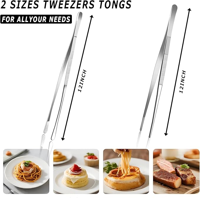 Kitchen Tweezers Tongs, Cooking Tweezers Stainless Steel - 12-inch Ideal for Grilling Meat, BBQ, Pasta, Plating, and Pinching Delicate Small Pieces of Food, Set of 2