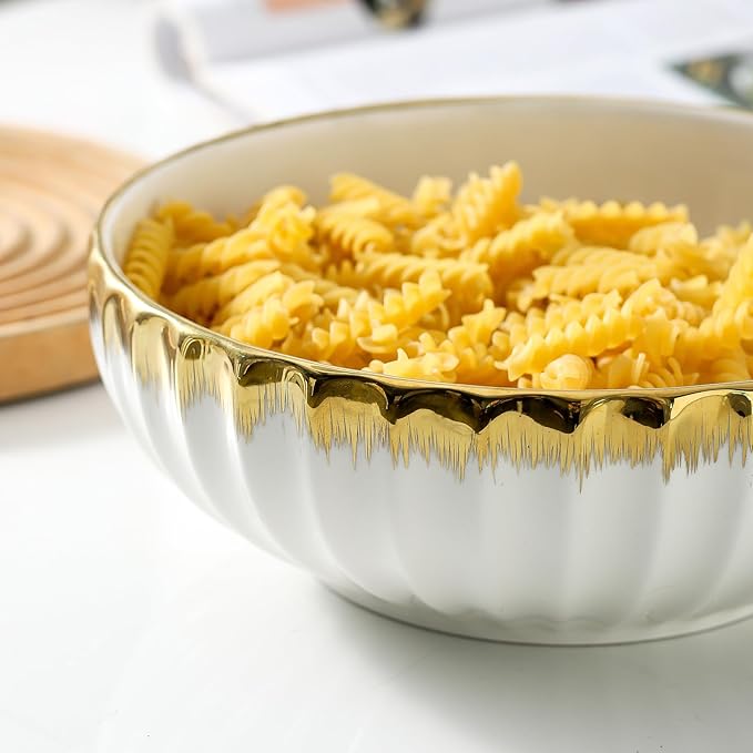 LETAOTAO Serving Bowls, 10 inch Extra Large Salad Bowl Set of 2, Ceramic Bowl with Gold Trim, Kitchen Decorative Bowls Porcelain Mixing Bowls for Salad, Soup, Pasta and Dinner