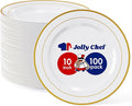 JOLLY CHEF 100 Pieces Gold Plastic Plates, 10 Inch Elegant Disposable Dinner White with Gold Rim, Disposable Plastic Plates for Dinner, Birthdays and Weddings