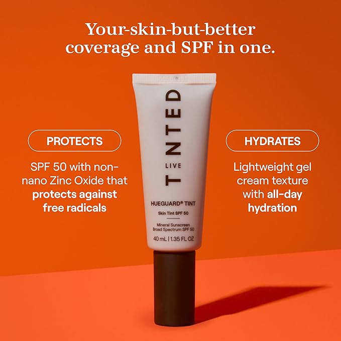 Live Tinted Hueguard Skin Tint SPF 50 - Tinted Mineral Sunscreen with Light-Medium Buildable Coverage With a Hydrating and Radiant Finish - Water and Sweat Resistant, 1.35 fl oz - Shade 05-BrightBean Baby