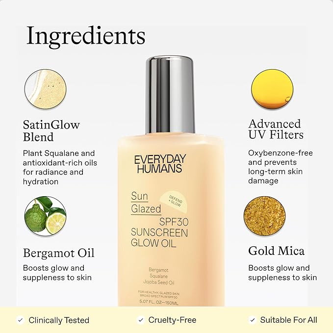 Everyday Humans Sun Glazed SPF30 Sheer Body Glow Oil with Gold Mica | Hydrating Non-Sticky Glowing UV Protection Cruelty Free 5.1 Fl Oz | Bergamot, Squalane, Jojoba Seed Oil | UVA/UVB Broad Spectrum-BrightBean Baby