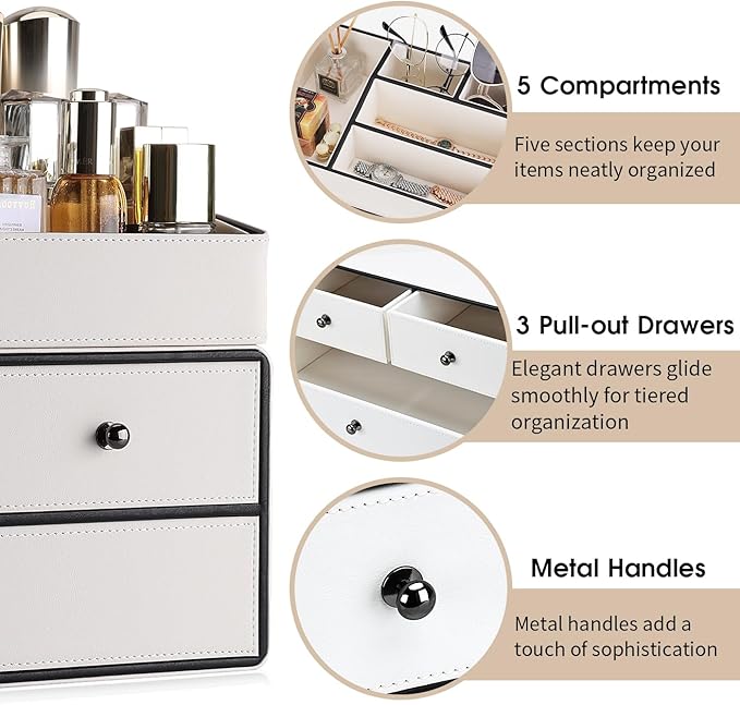 GORESE Leather Makeup Organizer with Drawers for Vanity, Stackable Skincare Holder Dresser Organizer Countertop, Make Up Storage Organizers Counter Cosmetic Display Case Gifts for Women(Cream White)-BrightBean Baby