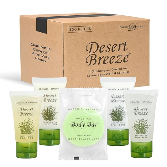 Desert Breeze Hotel Soaps and Toiletries Bulk Set | 1oz Hotel Shampoo & Conditioner, Body Wash, Body Lotion & Bar Soap | Travel Size Toiletries 300 Pieces-BrightBean Baby