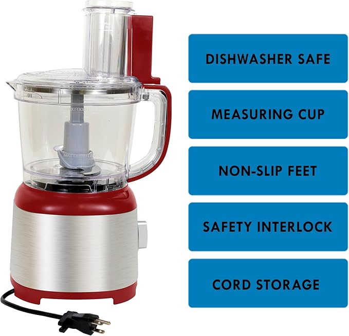 Kenmore 11 Cup Food Processor - Vegetable & Fruit Salad Cutter, Multifunctional, 500 W, Chopper, Clicer, Mincer, Puree, Grater, Blades, Shredder, Compact Stainless Steel Kitchen Appliances, Red