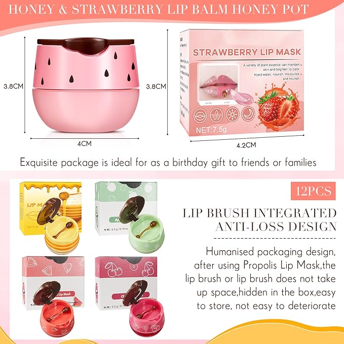 12 Pcs Bee Lip Balm Honey Pot with Brush Propolis Lip Mask Overnight, Moisturizing Hydrating Lip Sleeping Mask Prevention Dry and Cracked(Honey+Strawberry+Watermelon+Apple Lime+Cherry)-BrightBean Baby