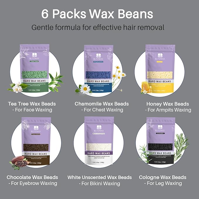 BLITZWAX Back and Nose Waxing Kit for Men, Hard Wax Warmer for Brazilian, Body and Face, At Home Hair Removal Kit, Beginner Friendly, Quick Heating, 93 Accessories, Charcoal Grey-BrightBean Baby