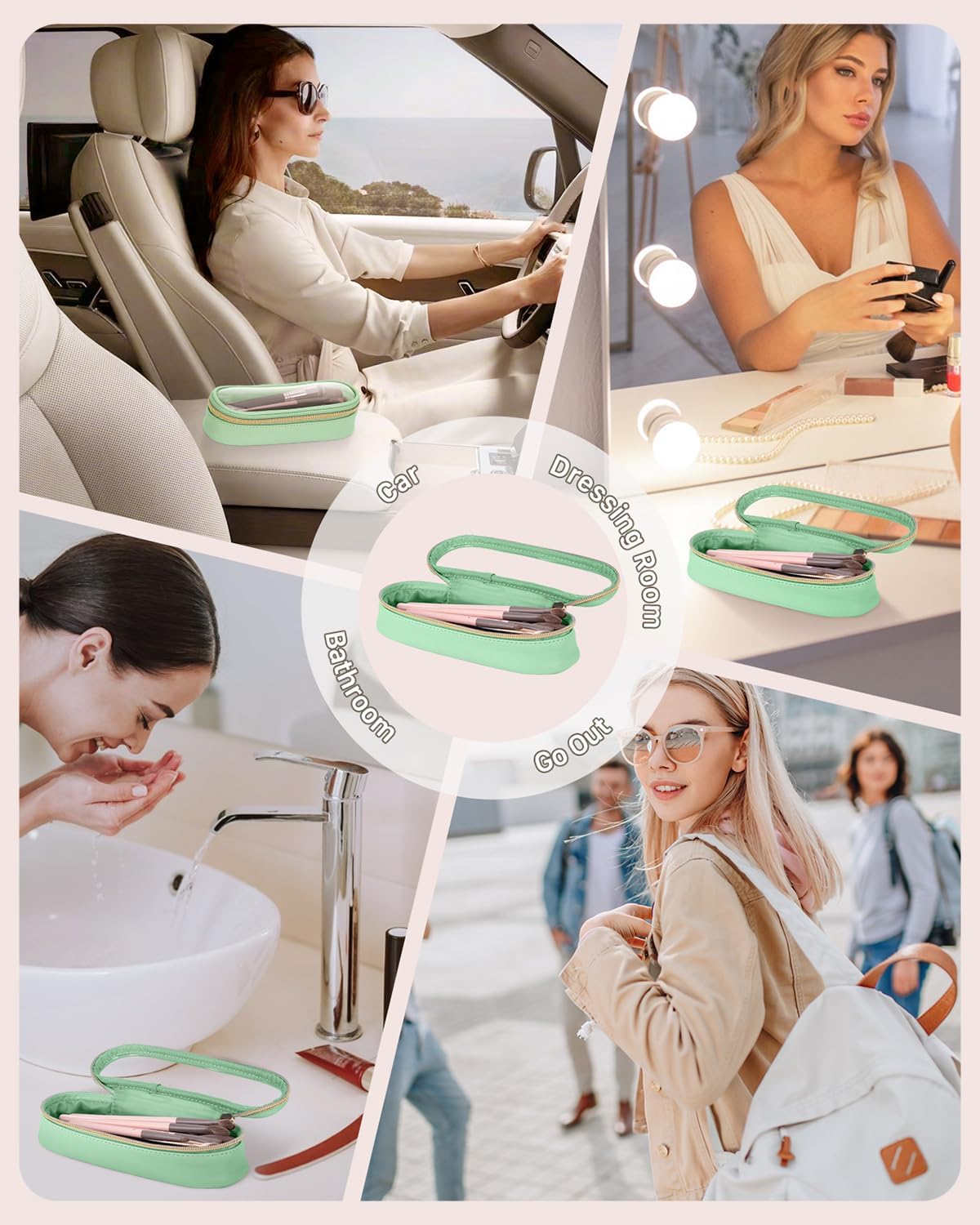 Clear Travel Makeup Brush Holder, Leather Makeup Brush Toiletry Bag, Portable Cosmetic Brush Case, Transparent Waterproof Makeup Brush Storage Bag, Mint Green-BrightBean Baby