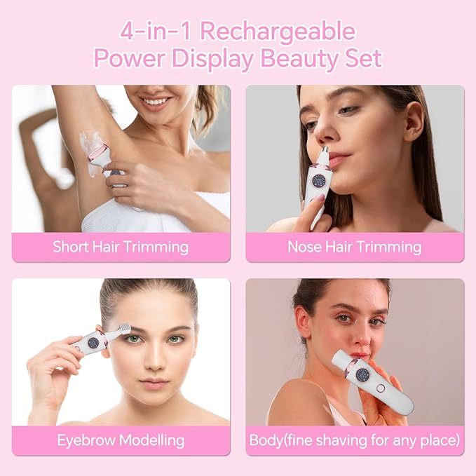 Electric Razor for Women, 4-in-1 Bikini Trimmer & Body Shaver for Face, Legs, Underarms, Pubic Hair, Rechargeable Wet/Dry Painless Hair Removal with LED Light & Travel Lock-BrightBean Baby