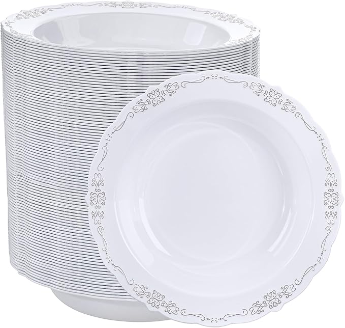 DaYammi 100 Pack Plastic Bowls with Silver Rim, 12oz Disposable Soup Bowls, Heavy Duty Dinner Bowls for Weddings, Parties, Dinners, Catering and Everyday Use