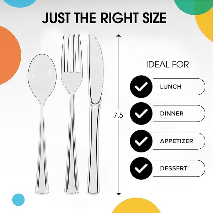 Party Solids Clear Plastic Silverware Heavy Duty 300 Pieces Clear Plastic Cutlery Sets, Utensil Sets, 100 Of Each Forks, Knives & Spoons Disposable Cutlery Set, Flatware Set For Party Supplies
