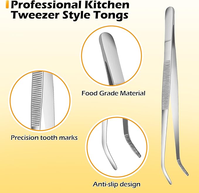 8-Inch Kitchen Tweezers Tongs Stainless Steel Kitchen Tweezers for Cooking Chef Tweezer Professional Skinny Culinary Tongs for Pasta Food Plating BBQ (3PCS)