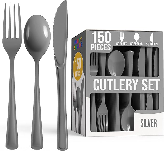 Party Solids Silver Plastic Silverware Heavy Duty 150 Pieces Silver Plastic Cutlery Sets, Utensil Sets, 50 Of Each Forks, Knives & Spoons Disposable Cutlery Set, Flatware Set For Party Supplies