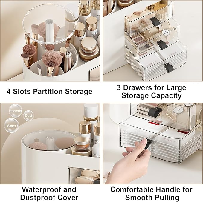 DASITON Makeup Organizer with 3 Drawers,Automatic Lifting Makeup Brush Holder with Lid,Large Capacity Makeup Organizers for Vanity,Bathroom Countertop,Ideal Storage Skin Care,Brushes,Lipstick (White)-BrightBean Baby