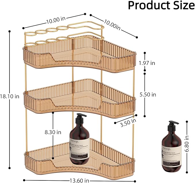 Corner Bathroom Counter Organizer with Top Toothbrush Holders, 3-Tier Make Up Organizers for Vanity with Brush Holder, Corner Storage for Bathroom, Kitchen, Dresser-BrightBean Baby