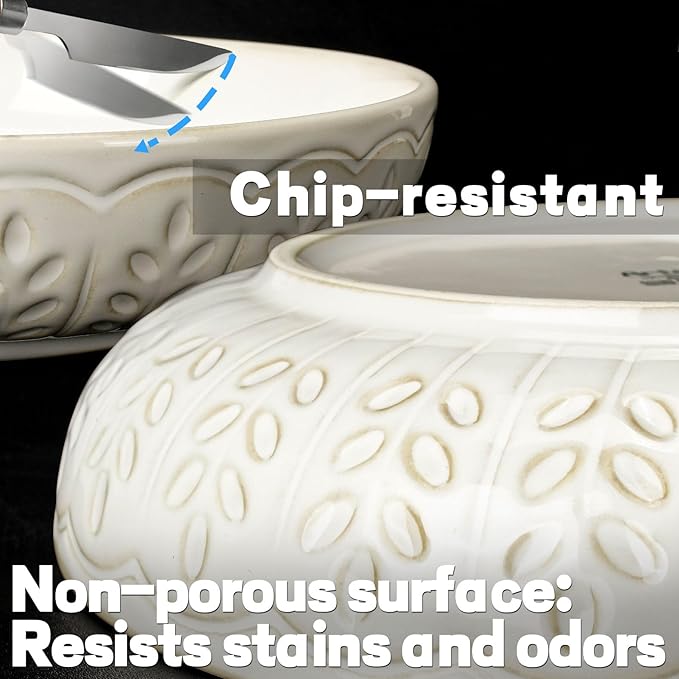 Artena Pasta Bowls, 50oz Large Salad Serving Bowls, 9.75'' Plates Bowls Set of 4, Big White Ceramic Soup Bowls for Kitchen, Embossment Shallow Dinner Bowl, Microwave Dishwasher Safe, Wheat Leaf