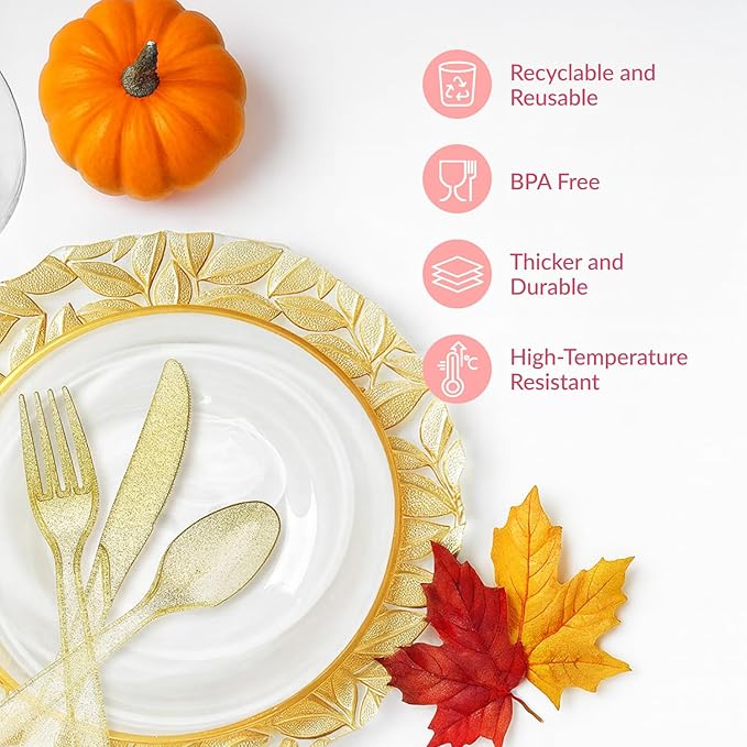 Prestee 180 Gold Glitter Plastic Silverware Cutlery Set - Gold Plastic Silverware Disposable Flatware with 60 Forks, 60 Spoons, 60 Knives - Suitable for Parties, Fancy Party Utensils