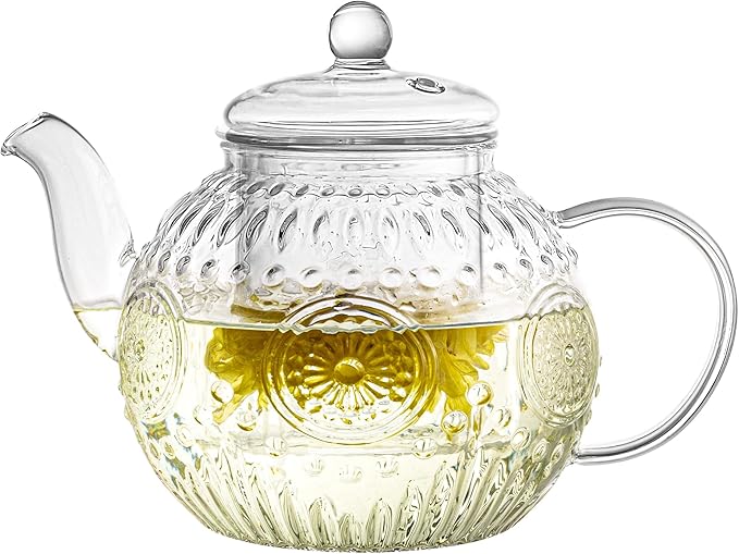 Bandesun Vintage Glass Teapot, Tea Kettle with Removable Infuser 32OZ/1000ml, Borosilicate Glass Pot -Stovetop Safe, Blooming & Loose Leaf Tea Maker Set