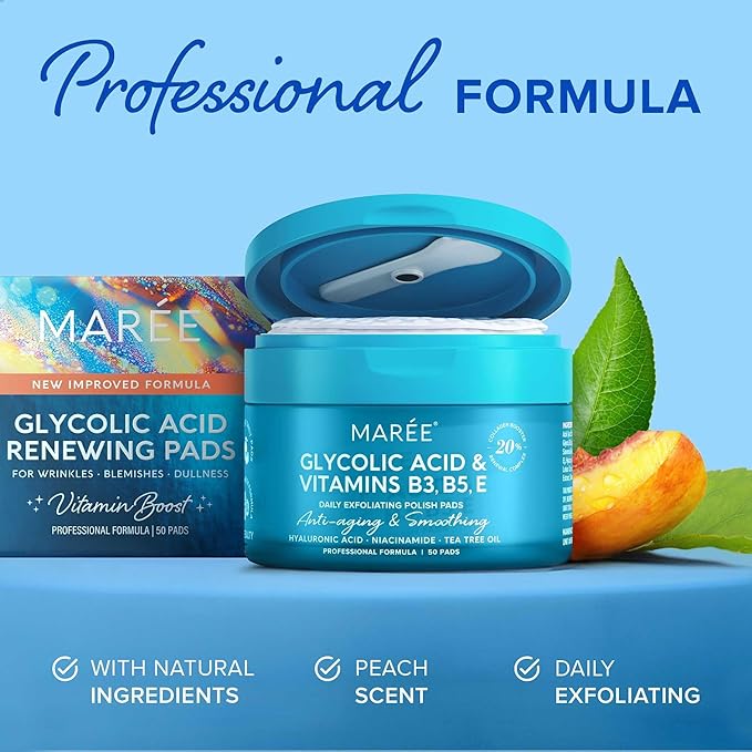 MAREE Glycolic Acid Pads - Toner Pads for Face Cleansing - Exfoliating Pad with Tea Tree Oil, Salicylic Acid & Vitamins E, B3, B5 - Facial Polishes & Peels, Skin Pore Resurfacing & Radiance - 50 Count-BrightBean Baby