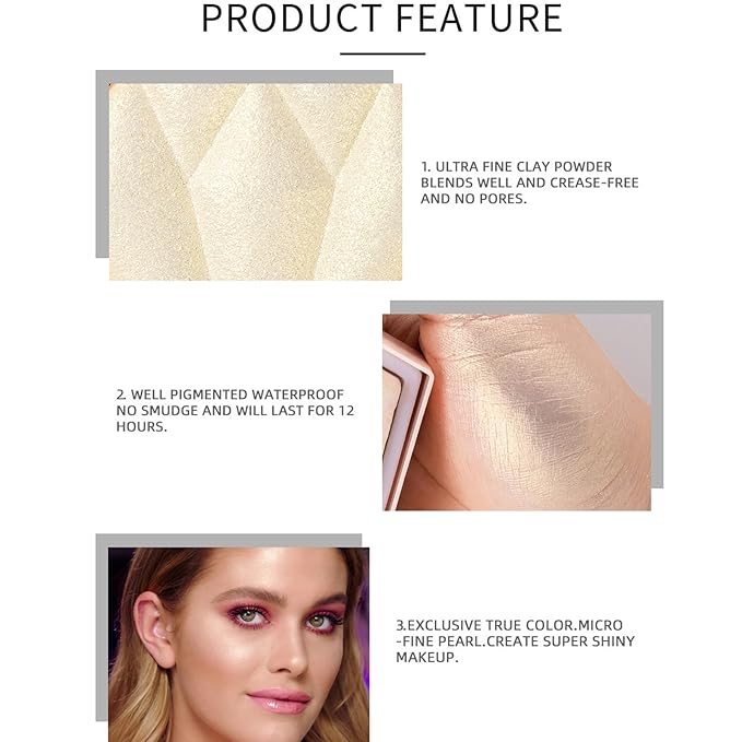 MEICOLY Baked Highlighter Powder Palette,Natural Face Highlighter Shimmer Powder,Long Lasting Glittery Highlighter Makeup Face Luminizer,01 Pearl White-BrightBean Baby