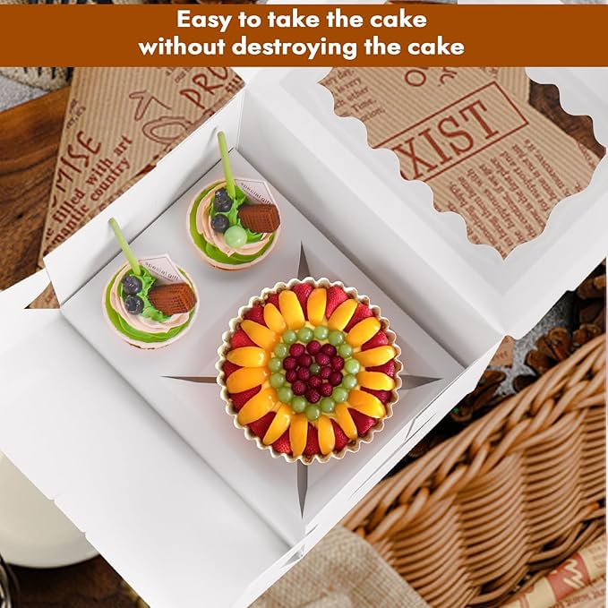 10 Packs bento cake box and Cupcake Box 3 Holes Fit 2 Cupcakes and 1 Mini Cake Box with Clear Window and Stickers for Wedding Birthday Party Bakery pastry boxes(White, 1+2(10Pack))