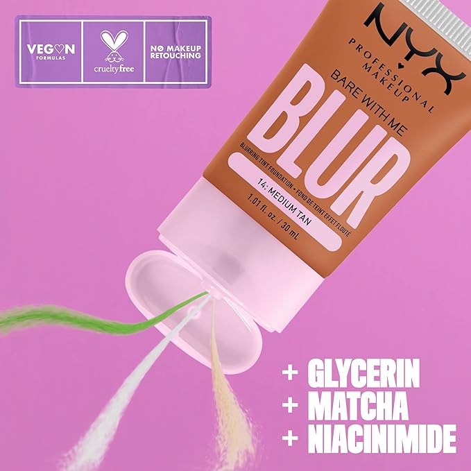 NYX PROFESSIONAL MAKEUP Bare With Me Blur Skin Tint Foundation Make Up with Matcha, Glycerin & Niacinamide - Medium Tan-BrightBean Baby