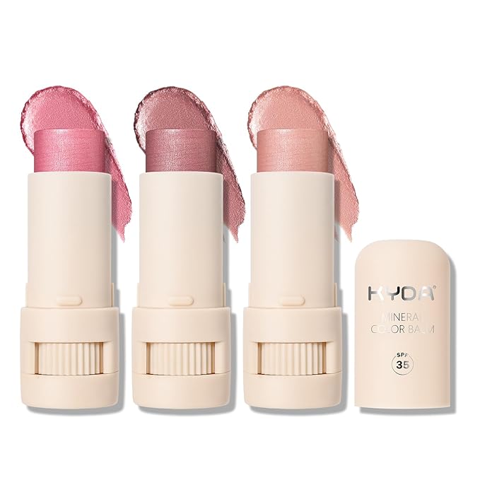 KYDA 3 Colors Mineral Color Balm, Buildable Shimmer Color for Lips and Cheeks, Broad spectrum SPF 35, Natural Shimmer Finish, Lightweight Blendable Creamy, Multiuse Blush Stick, Set A-BrightBean Baby