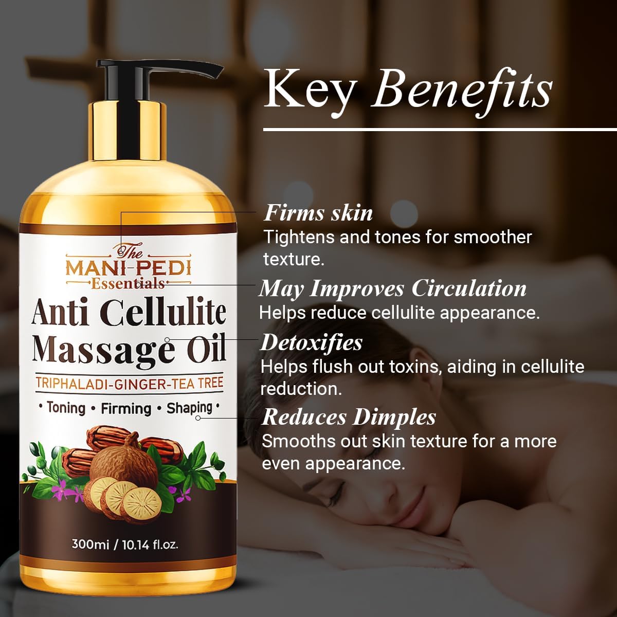 Anti Cellulite Massage Oil with Ginger Oil, Tea-Tree Oil & Natural Herbs for Toning, Firming & Shaping. 100% Natural Ingredients, Non-Sticky Texture - 10 Fl Oz-BrightBean Baby