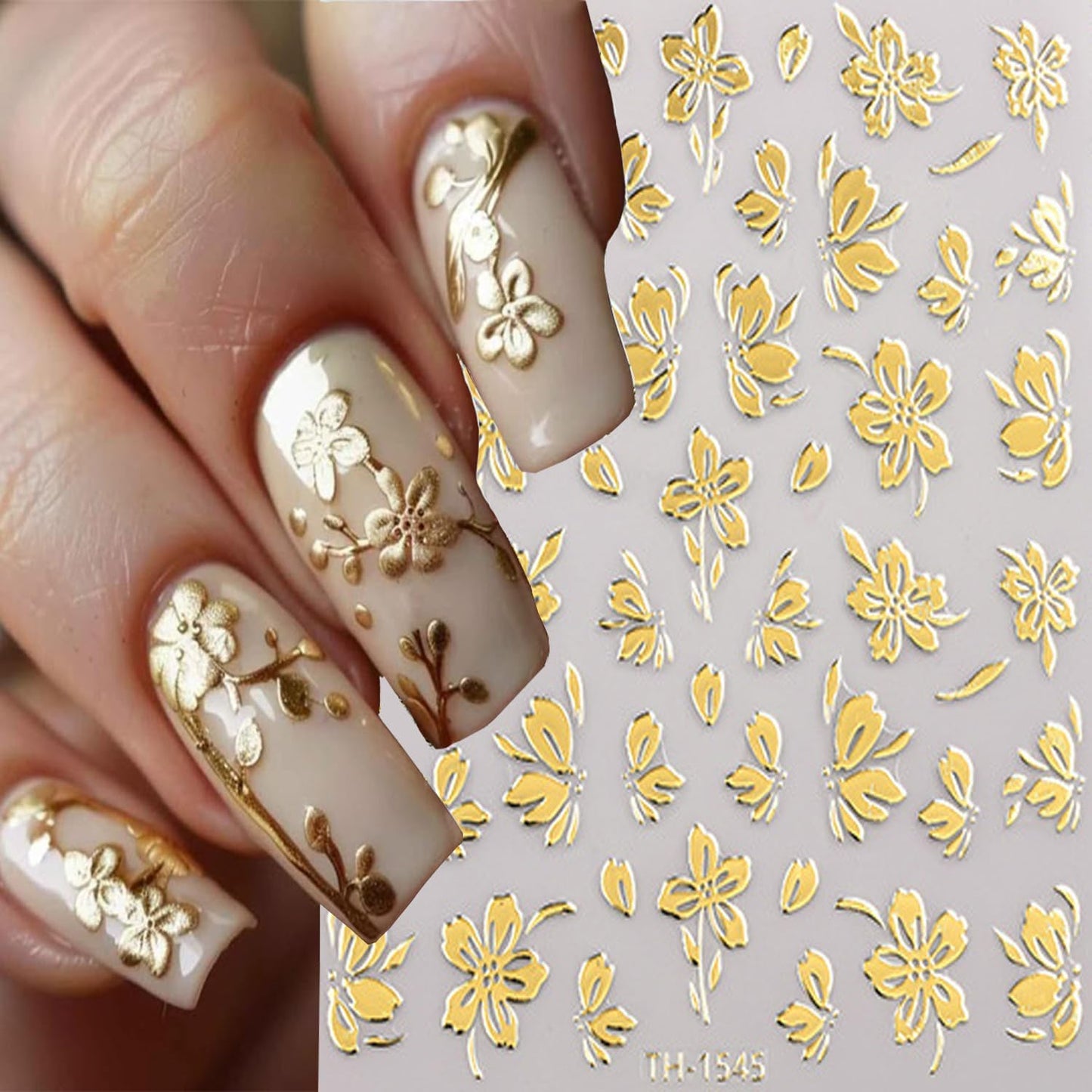6 Sheets Gold Nail Art Stickers 3D Self -Adhesive Golden Flowers Leaves Nail Decals Holographic Hot Stamping Floral Nail Stickers Summer Blossom Nail Decoration for Women DIY Manicure Supplies-BrightBean Baby