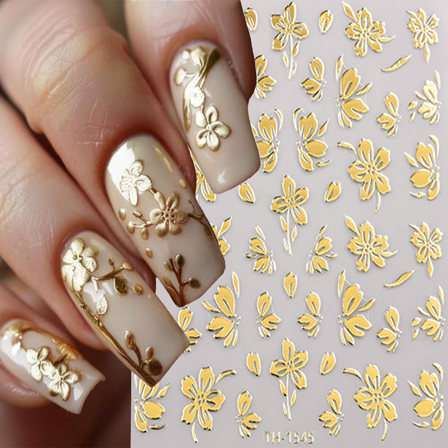 6 Sheets Gold Nail Art Stickers 3D Self -Adhesive Golden Flowers Leaves Nail Decals Holographic Hot Stamping Floral Nail Stickers Summer Blossom Nail Decoration for Women DIY Manicure Supplies-BrightBean Baby