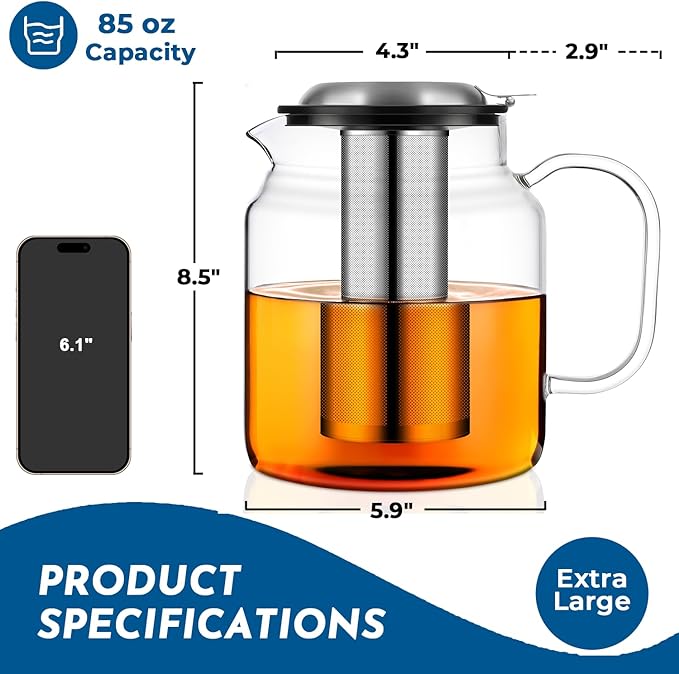 Aquach 85oz Glass Teapot with Stainless Steel Removable Infuser, Stovetop & Dishwasher Safe, Ideal for Brewing Loose Leaf & Blooming Tea
