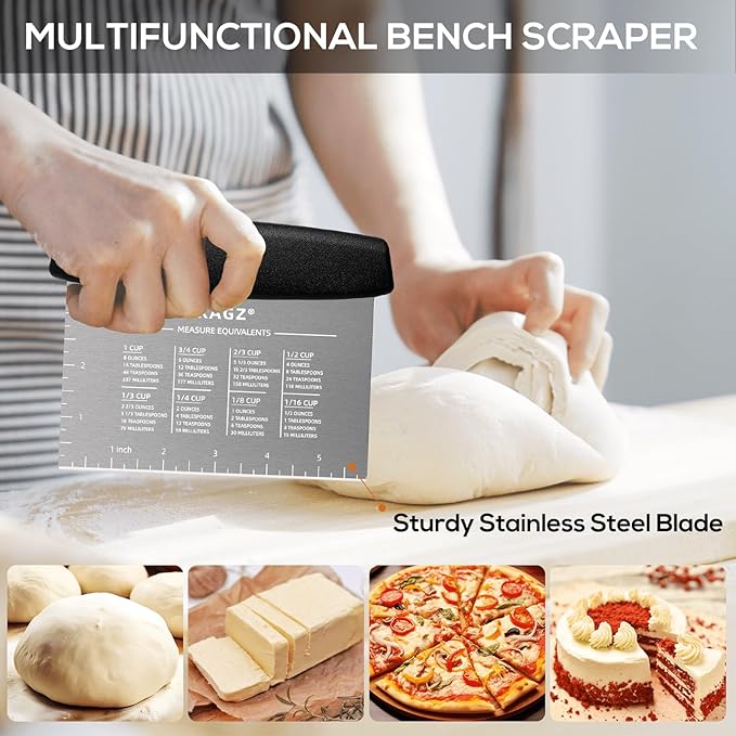 Bench Scraper & Chopper - Multifunctional Dough Scraper with Silicone Bowl Scraper, Sturdy Stainless Steel Dough Cutter for Baking, Pastry Cutter for Bread Pizza Cake with Measuring Scale