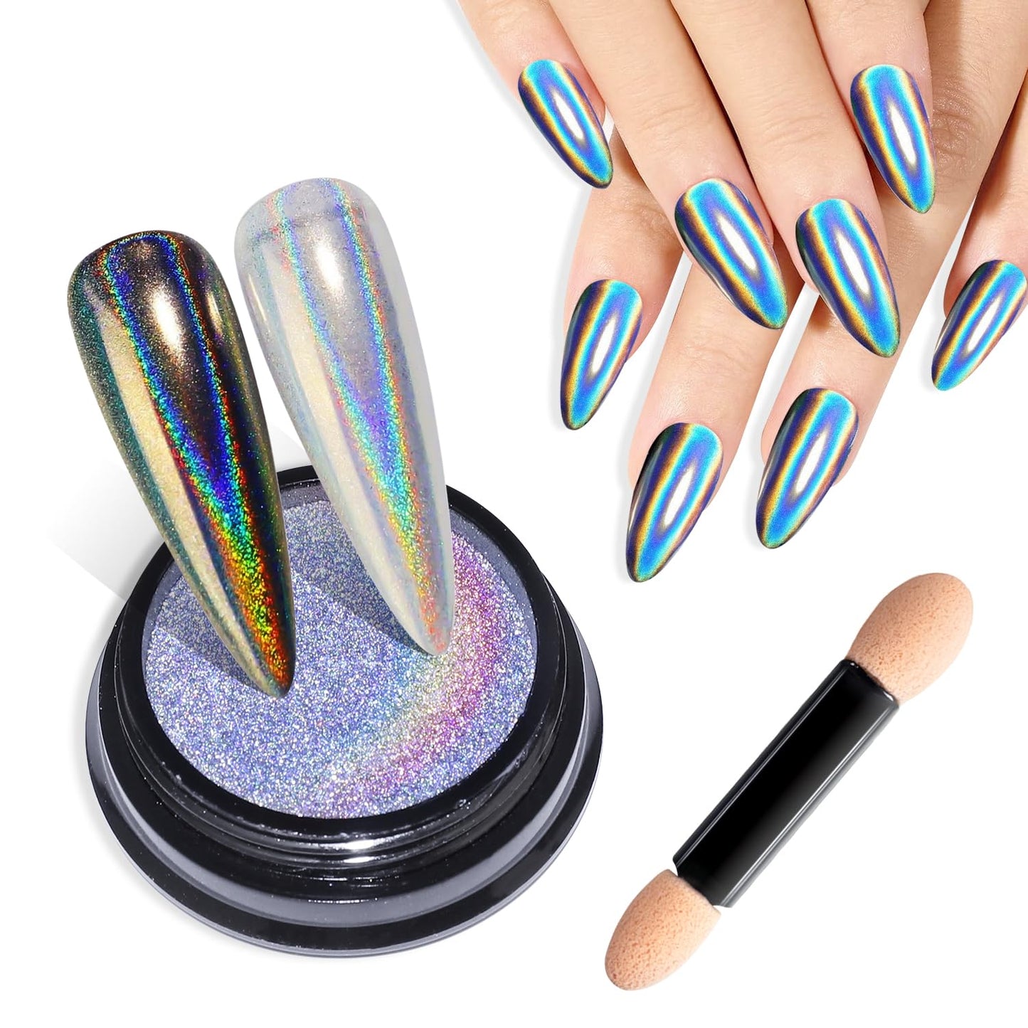Magic Chrome Nail Powder: Iridescent Mirror Holographic Nail Powder,Metallic Pearl Effect Laser Chrome Nail Powde r for Salon Home Nai l Art DIY Design-BrightBean Baby