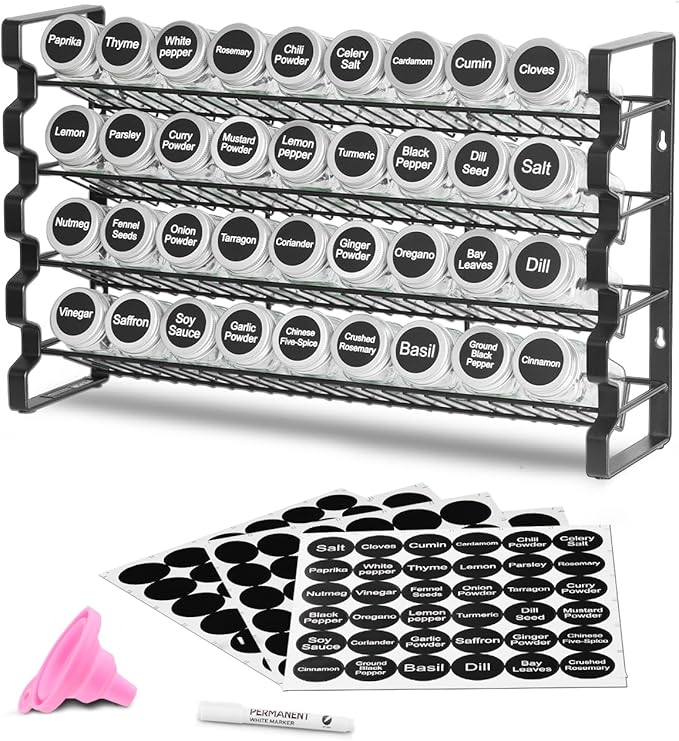 VEVOR Spice Rack Organizer for Cabinet, Spice Organizer with 36 Empty Spice Jars, Lids, Spice Labels, and Funnel Complete Set, Seasoning Organizer for Countertop, Kitchen, Pantry, Cupboard, 18x11 in
