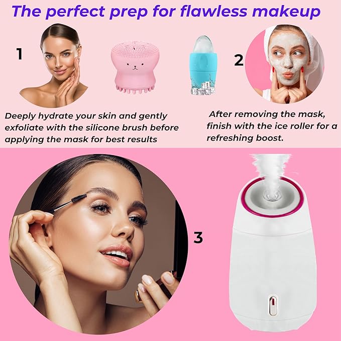 Facial Steamer and Ice Roller – 3-in-1 Nano Ionic Spa Kit for Deep Hydration and Pore Cleansing – Home Facial Care Set,auto Shut Off-BrightBean Baby